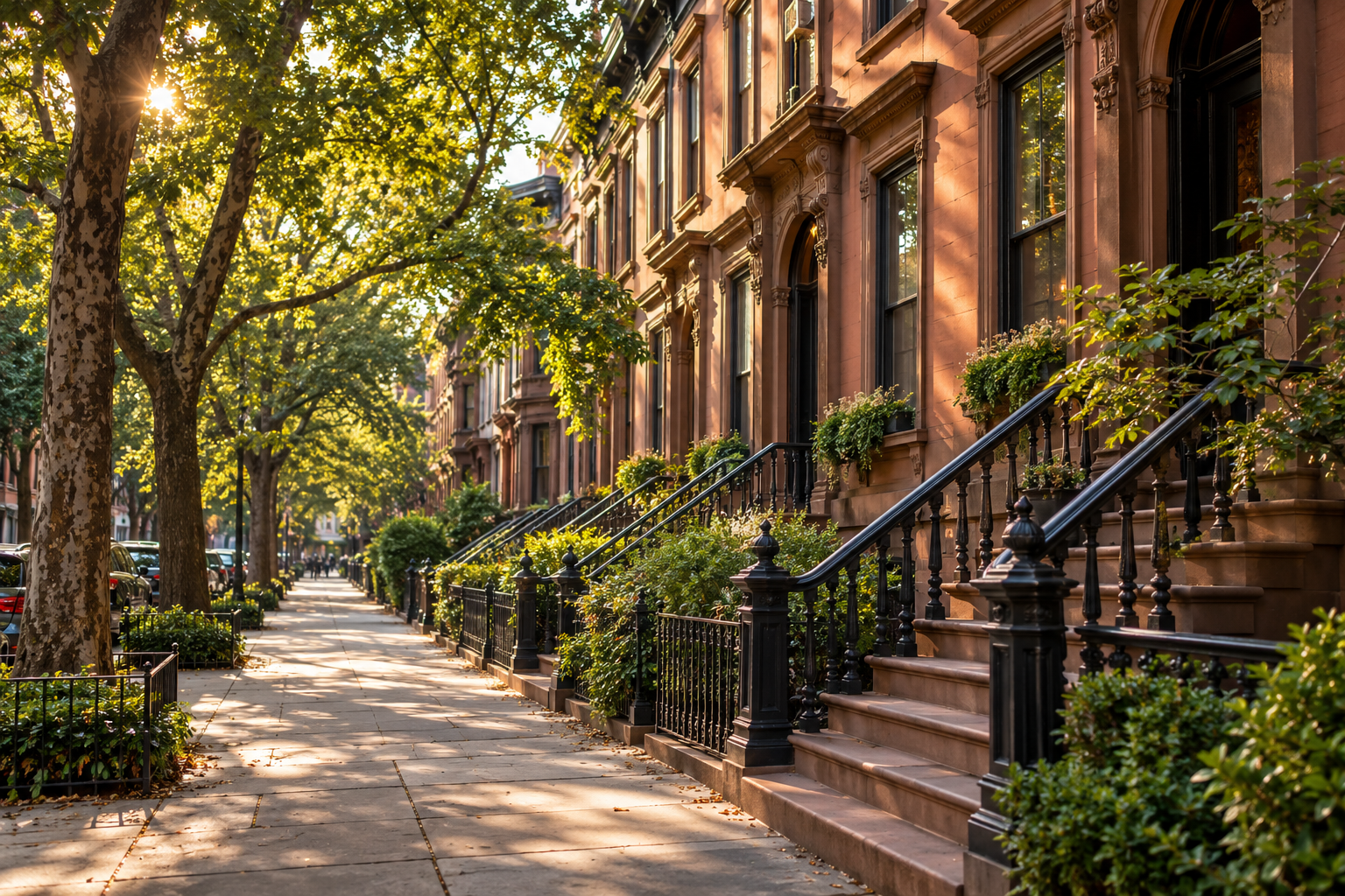 Sunlight on a tree-lined New York street with brownstone homes